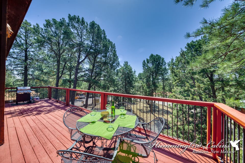 Upper deck provides seating for four and a propane grill.