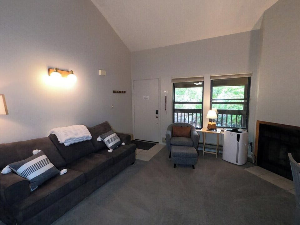 Living room with new sofa sleeper and AC for the summer, shaded entry