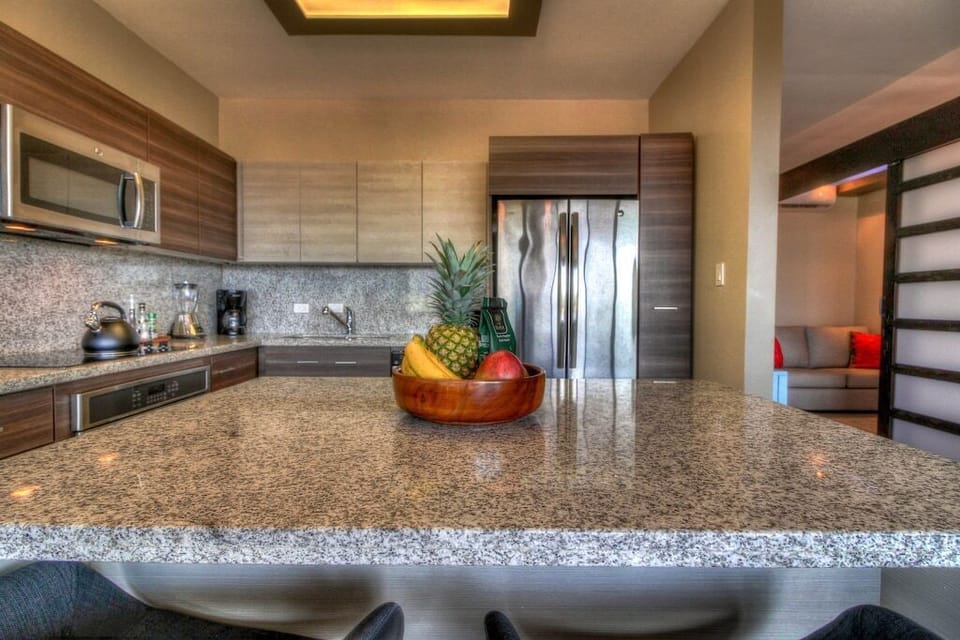 - Open-concept kitchen with luxury stainless refrigerator   - Fresh fruit centerpiece adds tropical charm and color   - Fully stocked for long-term Costa Rica travel stays