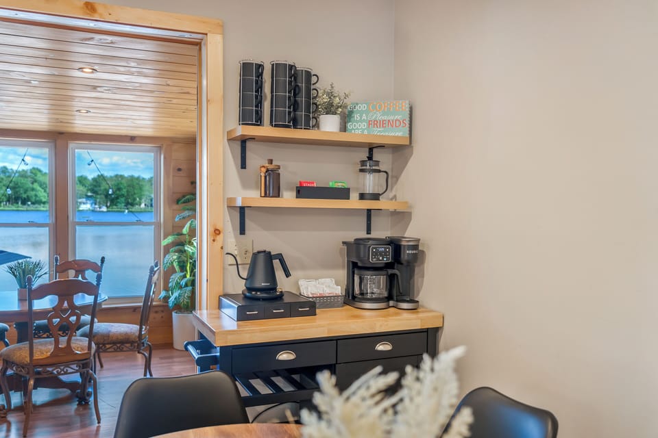 Coffee bar with ground coffee, K-Cups, tea, cocoa and French press.