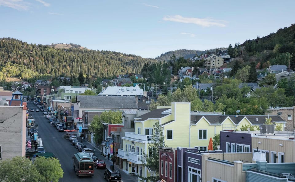 View looking up Main Street in the summer time from the Galleria roof deck