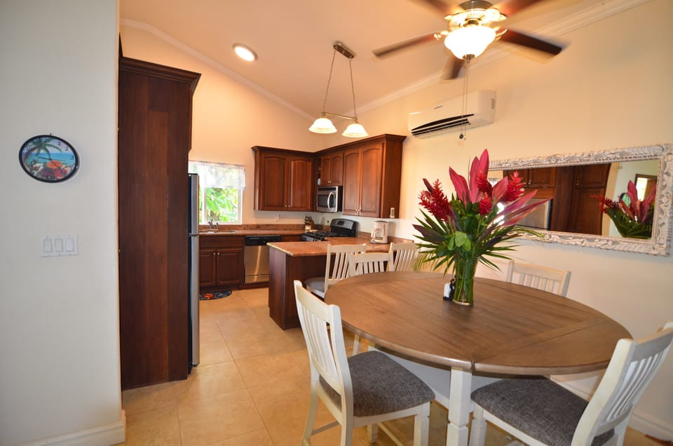 Fully stocked kitchen for cooking at home.