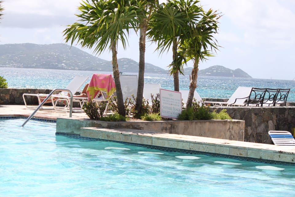 Our pool on property overlooking the beautiful crystal clear waters.