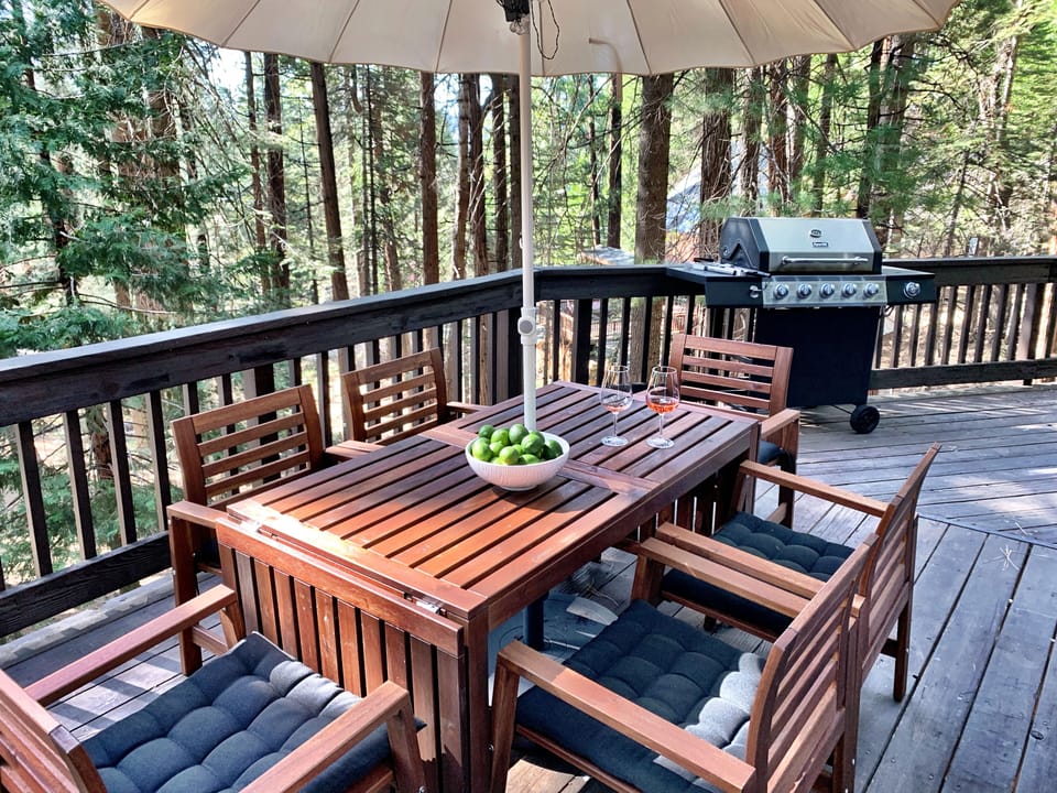 Enjoy our 360 wraparound deck with dining table, bbq, hammock and agas fireplace