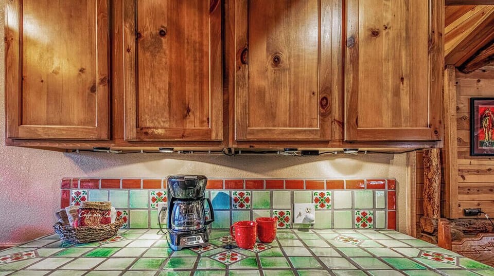 View of the colorful countertops in the kitchen
