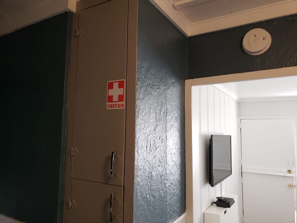 The first aid kit location is well marked and hopefully will never be needed.