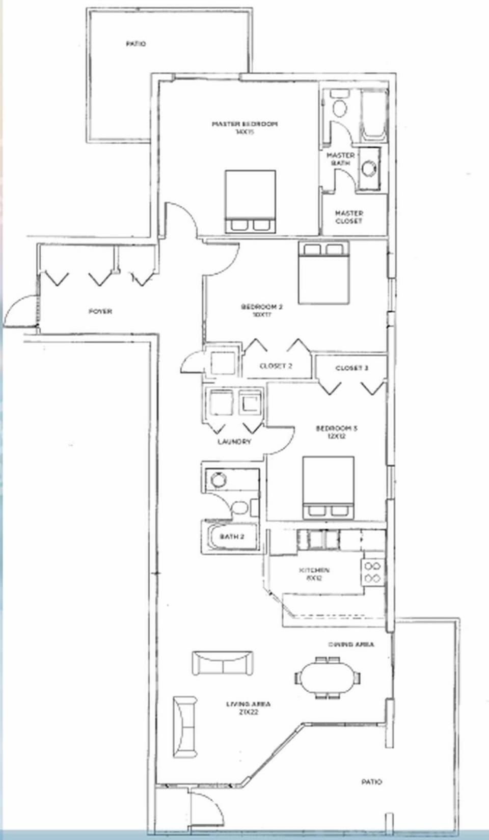 Three-bedroom layout with spacious living area, beach balcony from the living space, and north balcony from the master suite