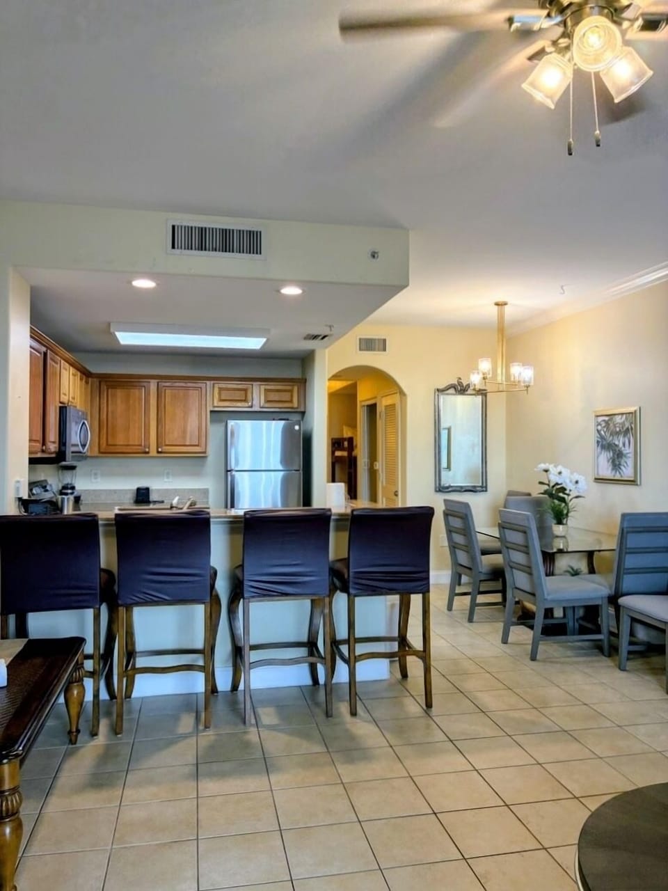Full kitchen and dining area