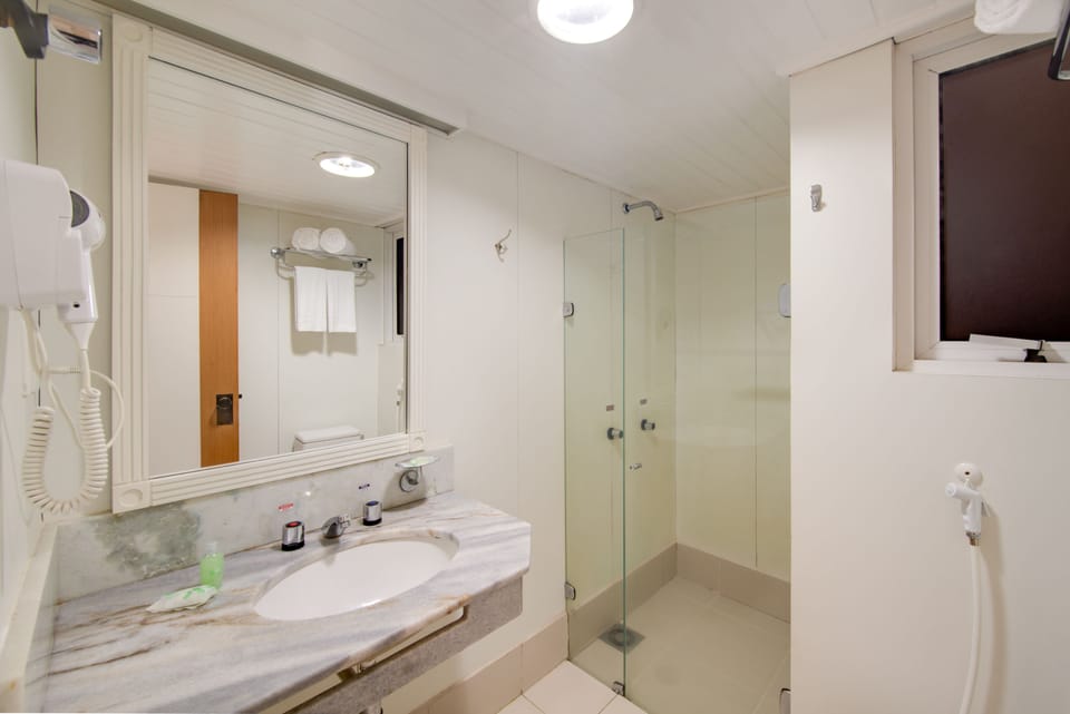 Shower, hair dryer, bidet, towels