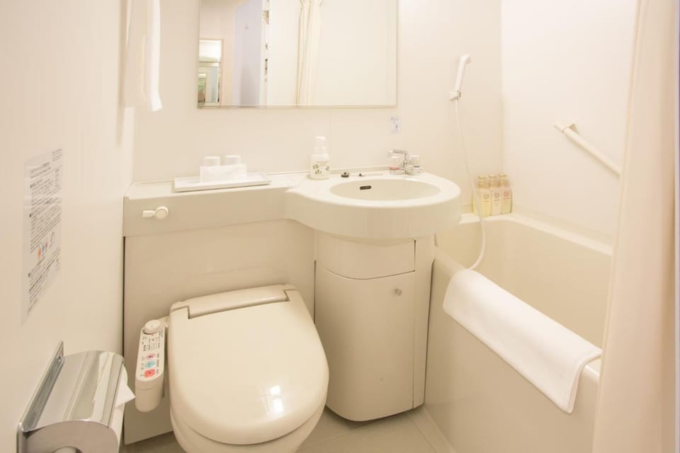 Combined shower/tub, free toiletries, hair dryer, slippers