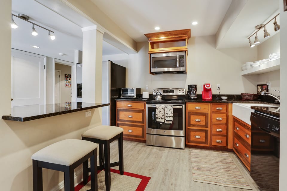 Stainless steel appliances and granite countertops