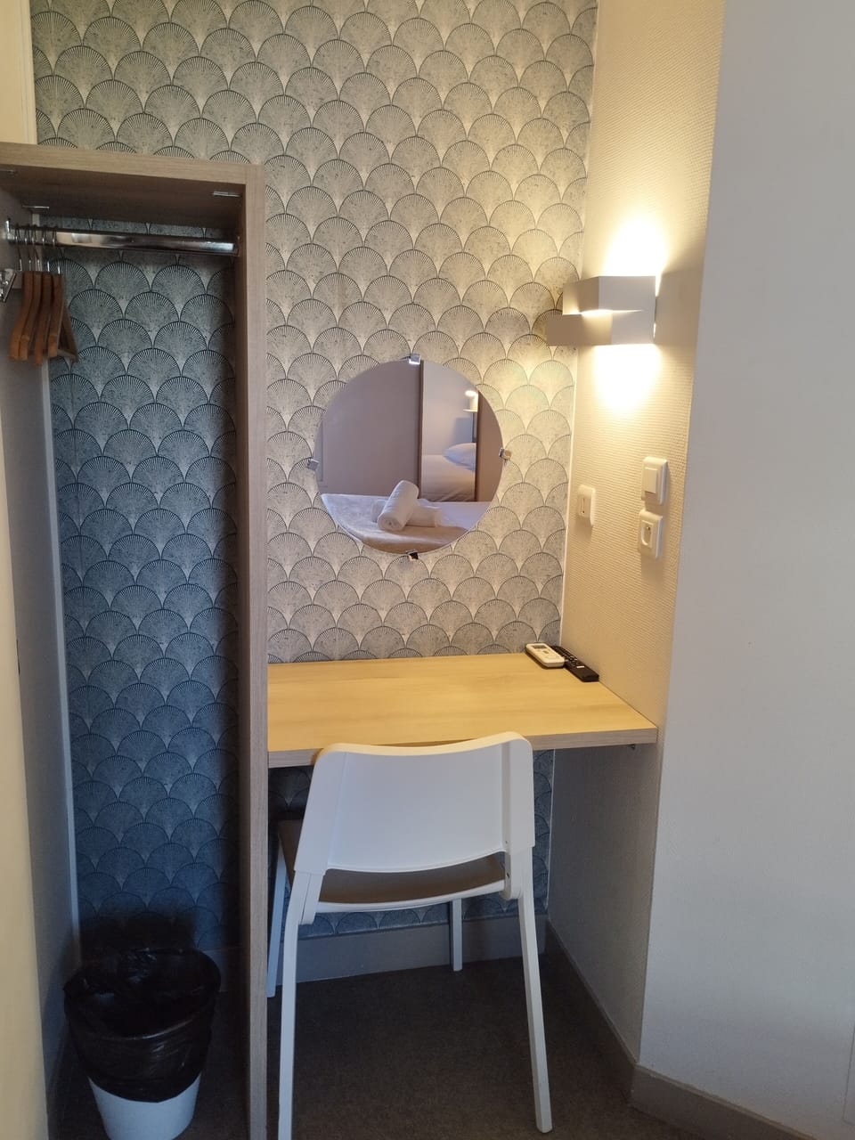 Individually decorated, desk, laptop workspace, blackout drapes
