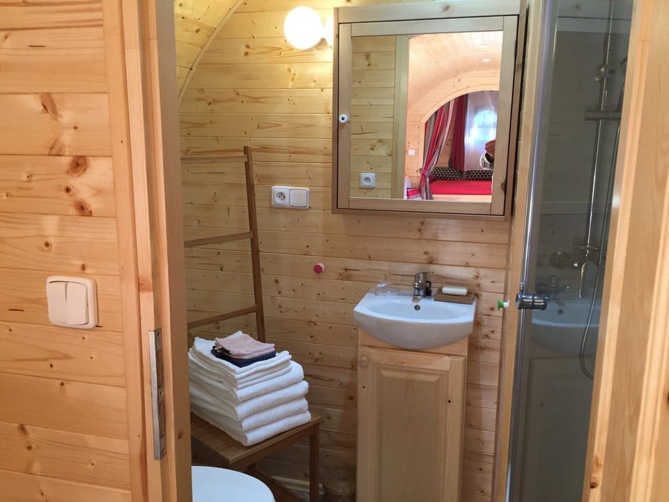 Room (Roulotte Chais Catherine) | Bathroom | Shower, hydromassage showerhead, hair dryer, bathrobes