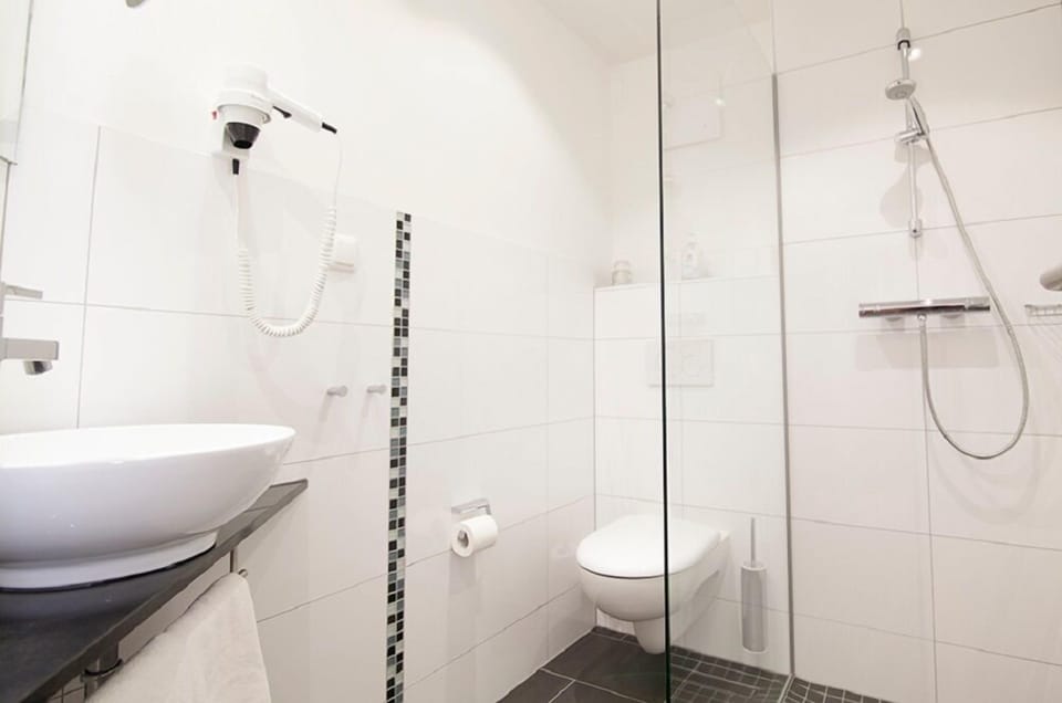 Shower, hair dryer, towels
