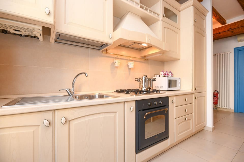 Kitchen equipped with fridge, microwave and dishwasher