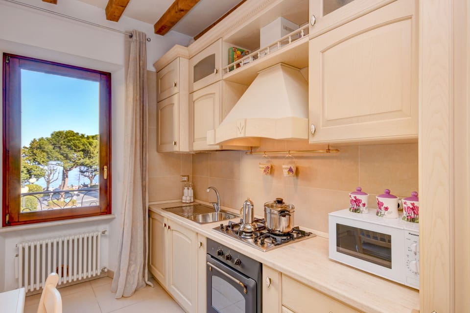 Kitchen equipped with fridge, microwave and dishwasher