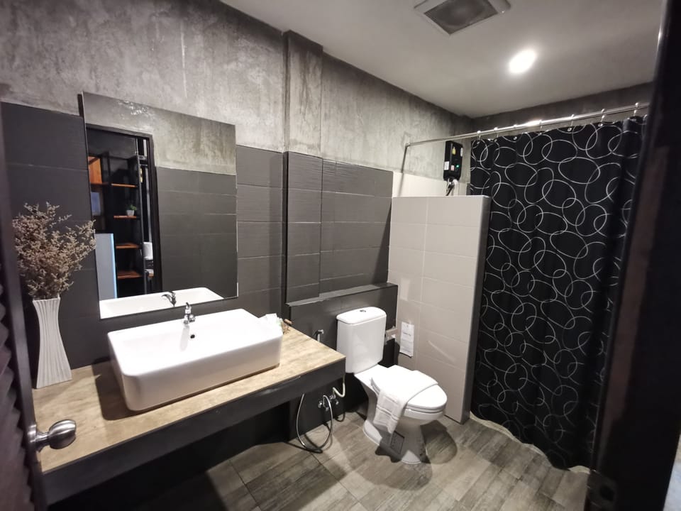 Shower, hydromassage showerhead, free toiletries, hair dryer