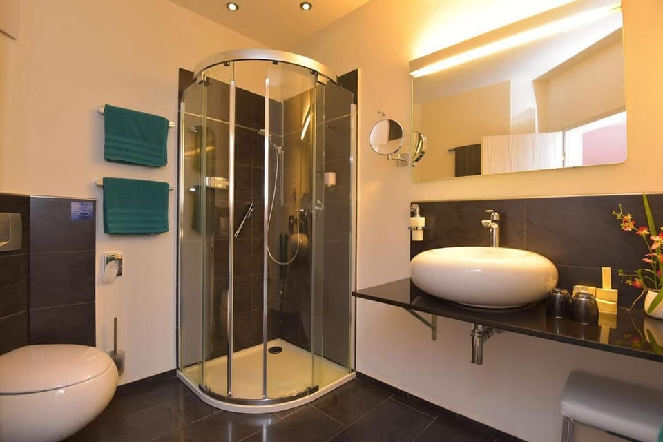 Shower, free toiletries, hair dryer, towels