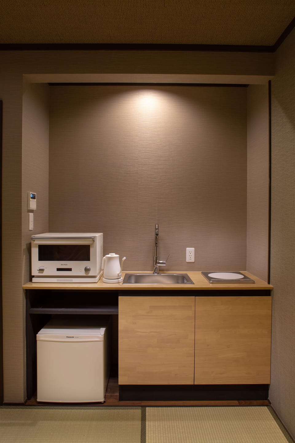 Fridge, microwave, stovetop, electric kettle
