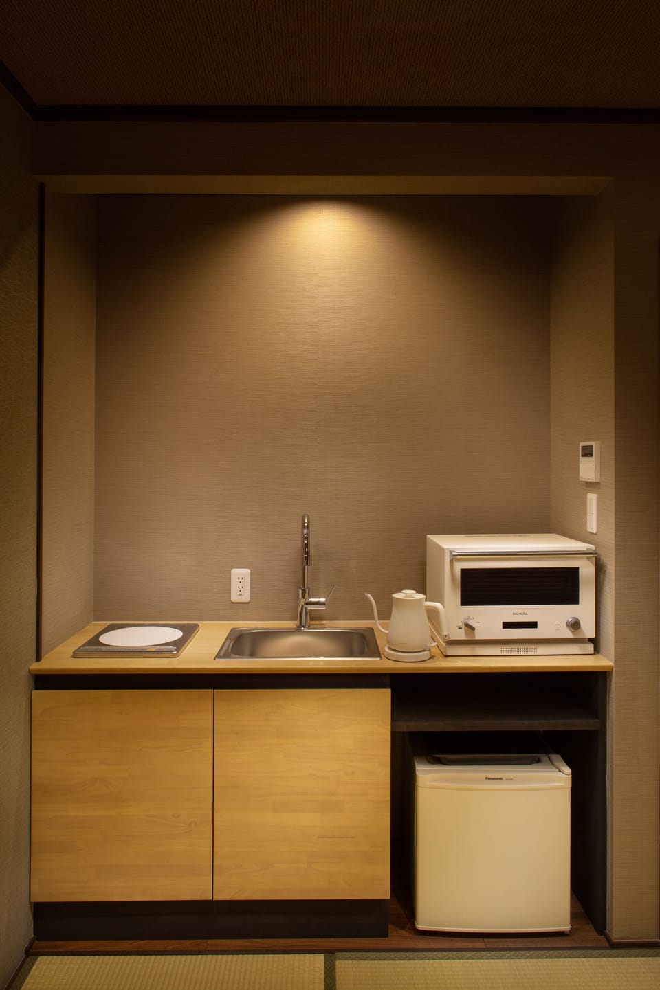 Fridge, microwave, stovetop, electric kettle