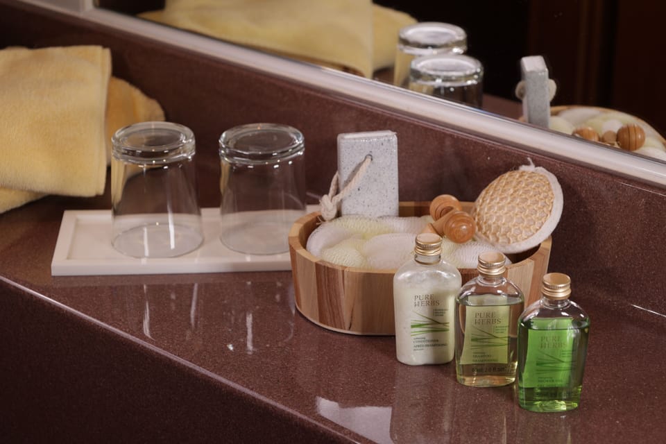 Shower, free toiletries, hair dryer, towels
