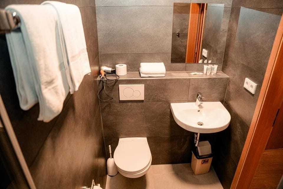 Shower, free toiletries, hair dryer, towels