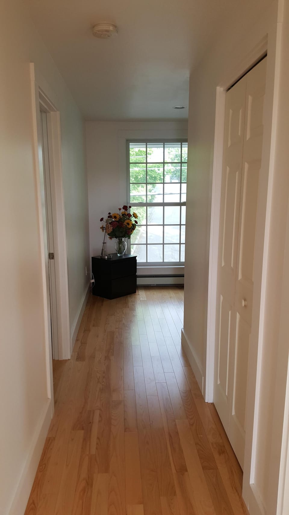 Upstairs hallway, stacked washer/dryer on right behind double door.