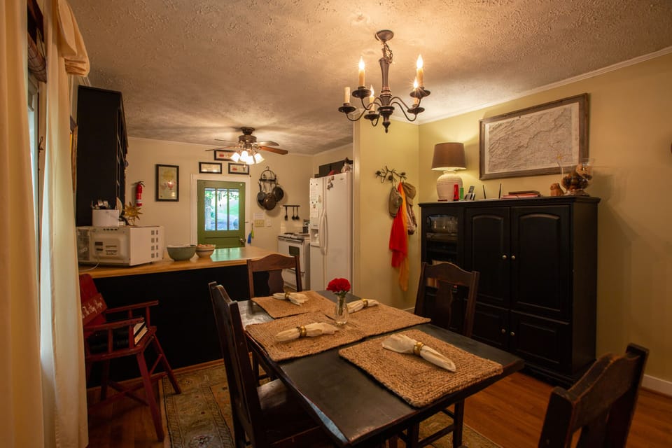 There is a cozy table for four and even a high chair if needed.