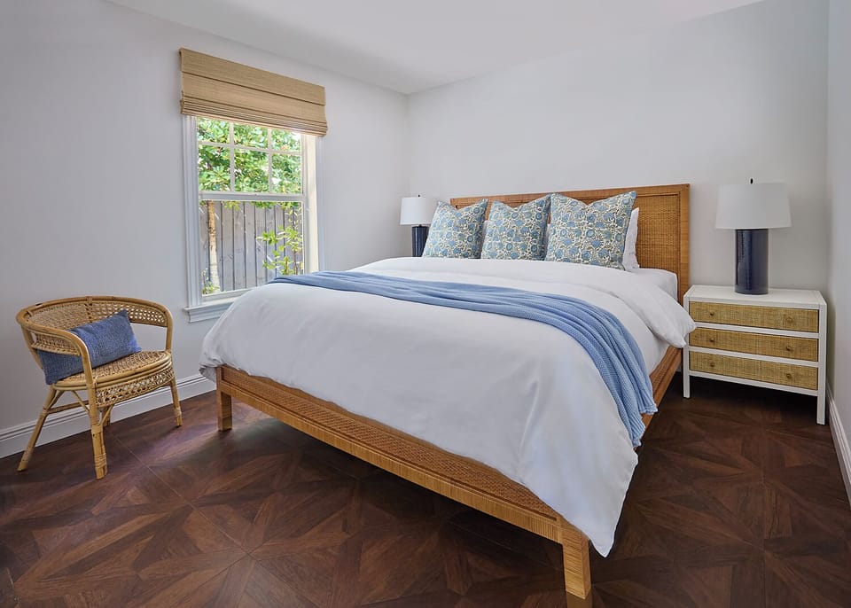 Serena &Lily Rattan King Bed, award winning mattress and 800 thread-cost linens.