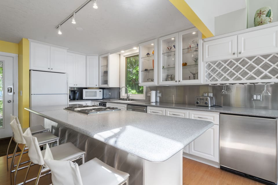 The island offers casual eating with under-counter beverage fridge nearby