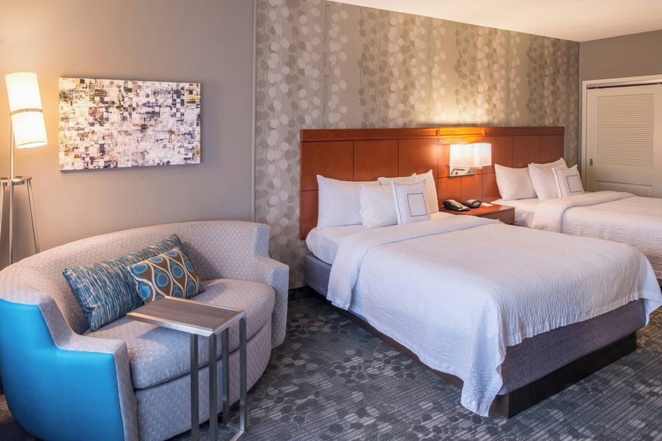 Room, 2 Queen Beds | Desk, laptop workspace, blackout drapes, iron/ironing board