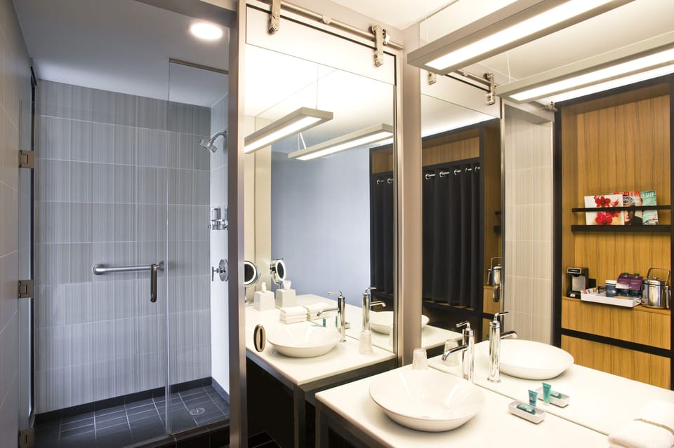 Rainfall showerhead, free toiletries, hair dryer, towels