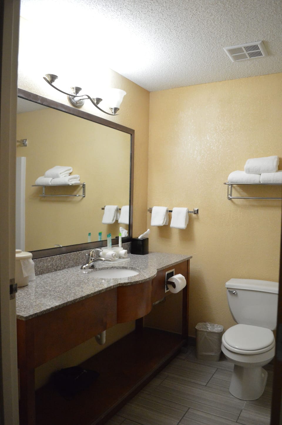 Combined shower/tub, free toiletries, hair dryer, towels