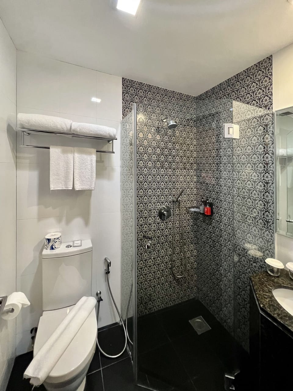 Shower, free toiletries, hair dryer, towels