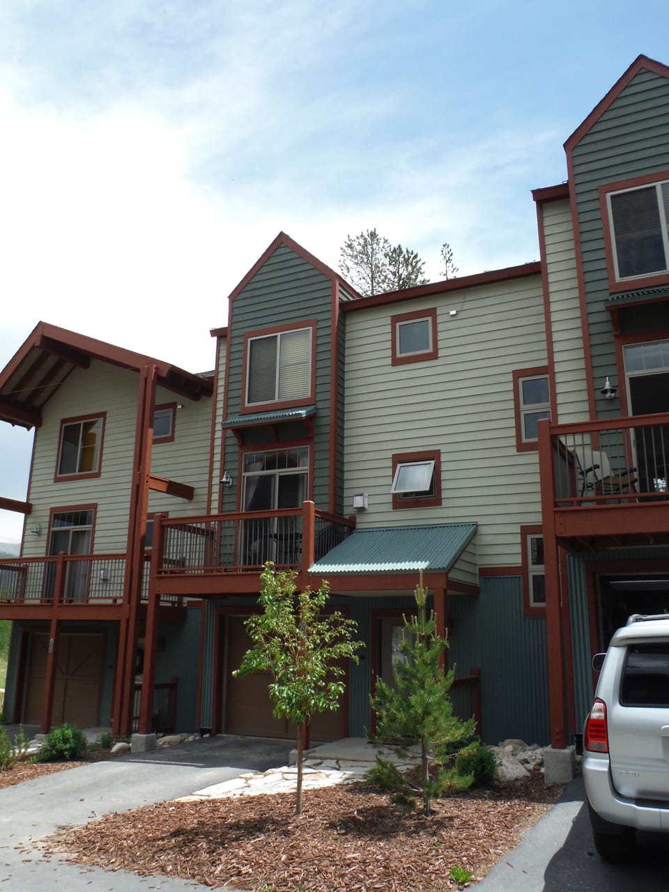 Our townhome is the middle unit. Our front deck is visible off main/second floor