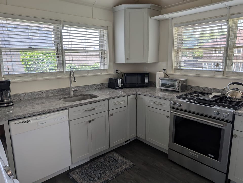 Newly remodeled kitchen, fully stocked, with garden views
