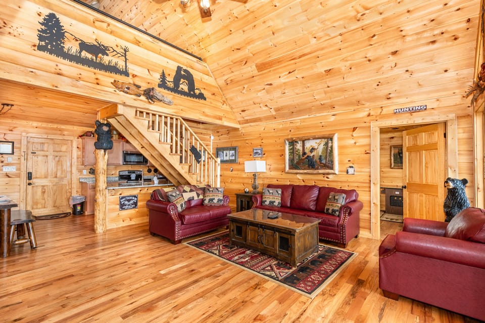 The full view of the family room, kiktchen and loft.