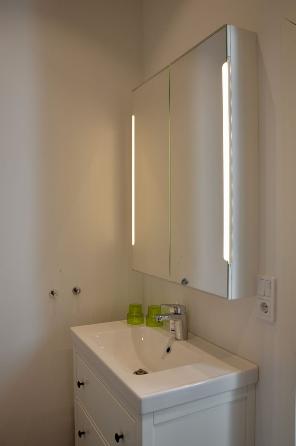 Shower, rainfall showerhead, hair dryer, soap