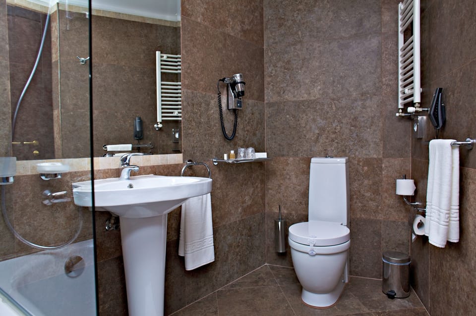 Combined shower/tub, hair dryer, bathrobes, slippers