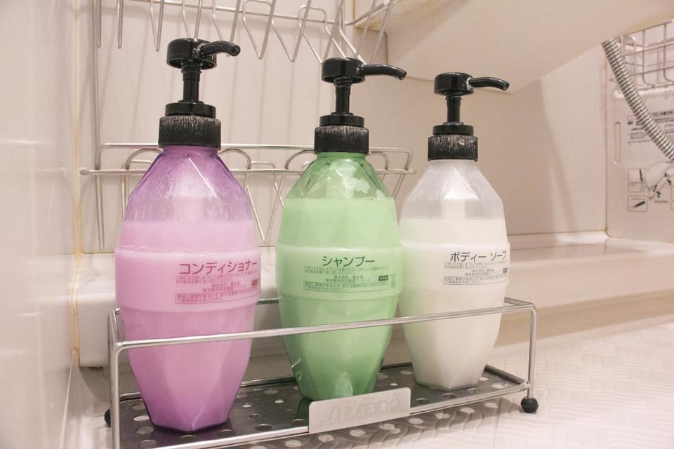 Combined shower/tub, free toiletries, hair dryer, slippers
