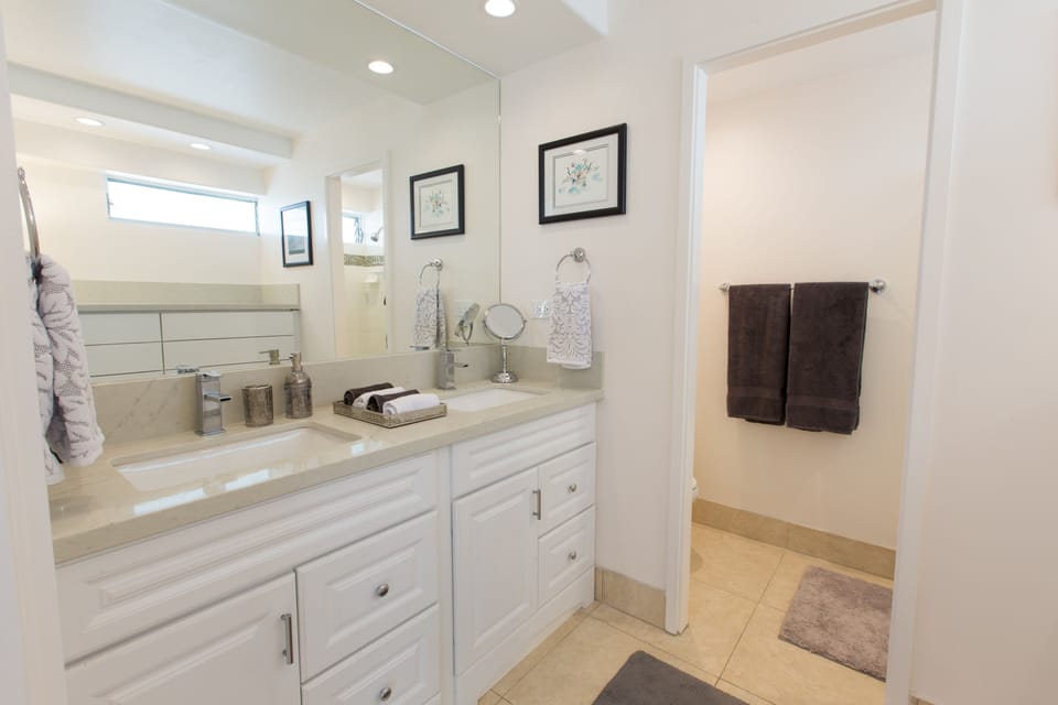 Attached master bathroom with dual sinks