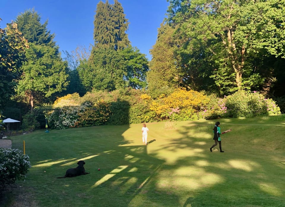 The garden leading to the main house with the cottage BBQ area and patio
