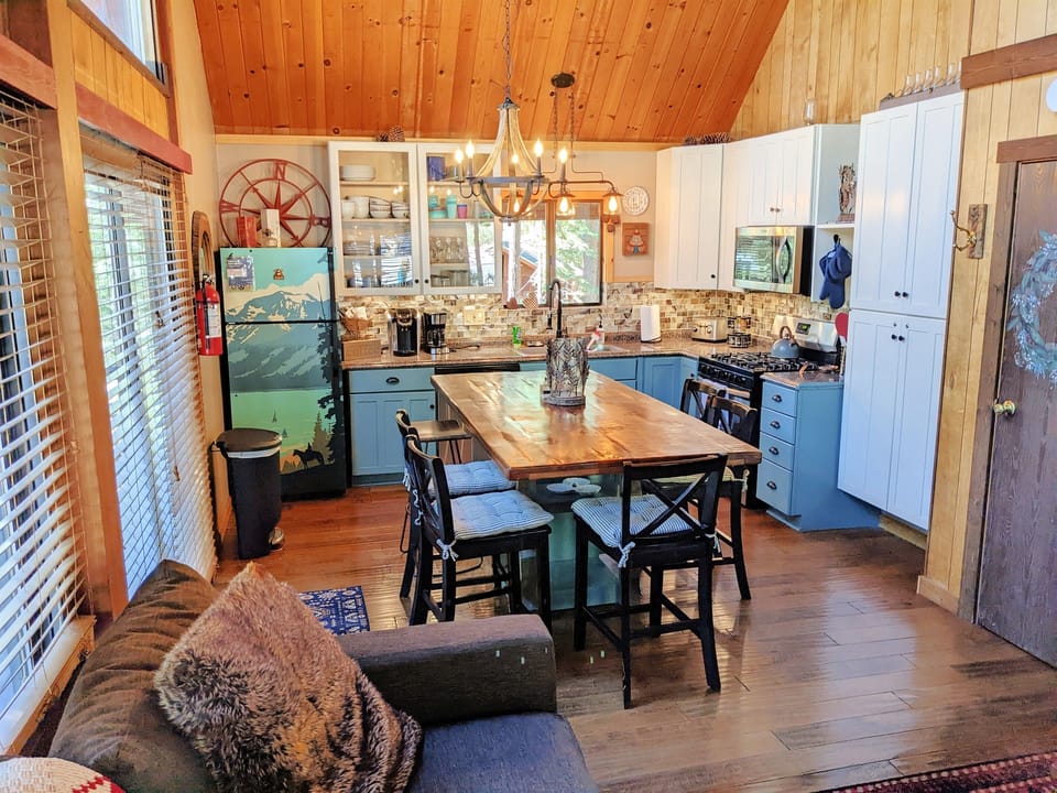 We have a large center island which also serves as seating for 7.  In the summertime we have dining seating setup outside on our deck as well.  