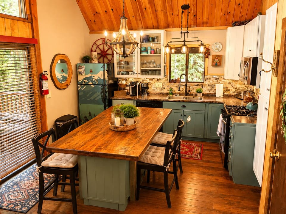 Our full kitchen is equipped with everything you should need for dinners in the cabin.  We have stove & oven, microwave, dishwasher, refrigerator, Keurig & drip coffee machines and fully stocked cooking and serving ware. Need something specific? Just ask!