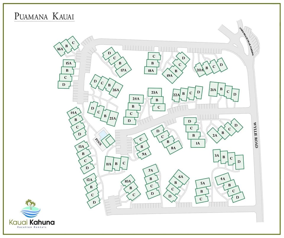 A map of the complex. 21D is just off of Wyllie Road, at the opposite end of the complex from the pool. No need to worry about laundry facilities, there's an in-unit washer and dryer for your convenience!