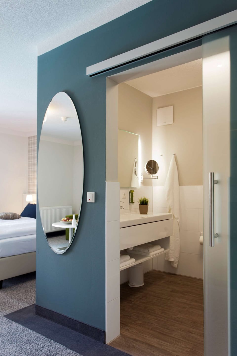 Shower, rainfall showerhead, hair dryer, bathrobes