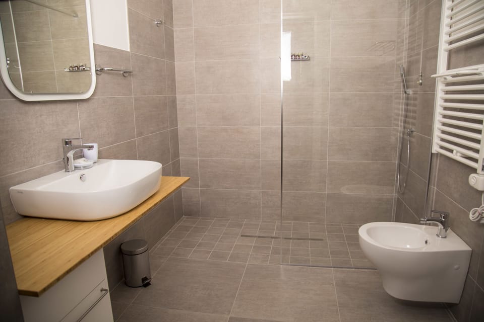 Shower, rainfall showerhead, free toiletries, hair dryer
