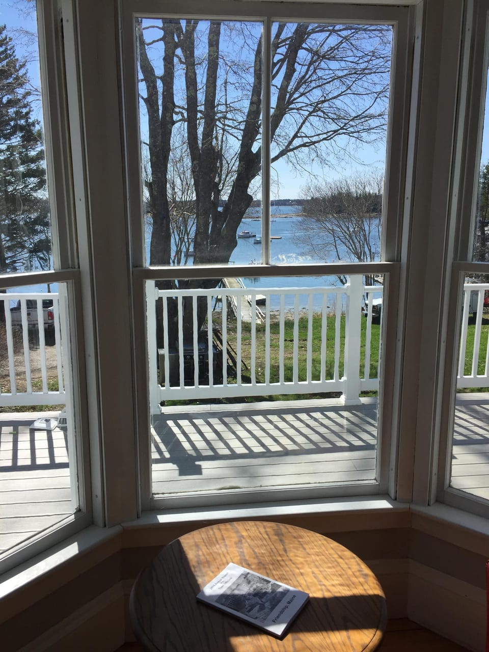 Sea view through wavy glass in living room.