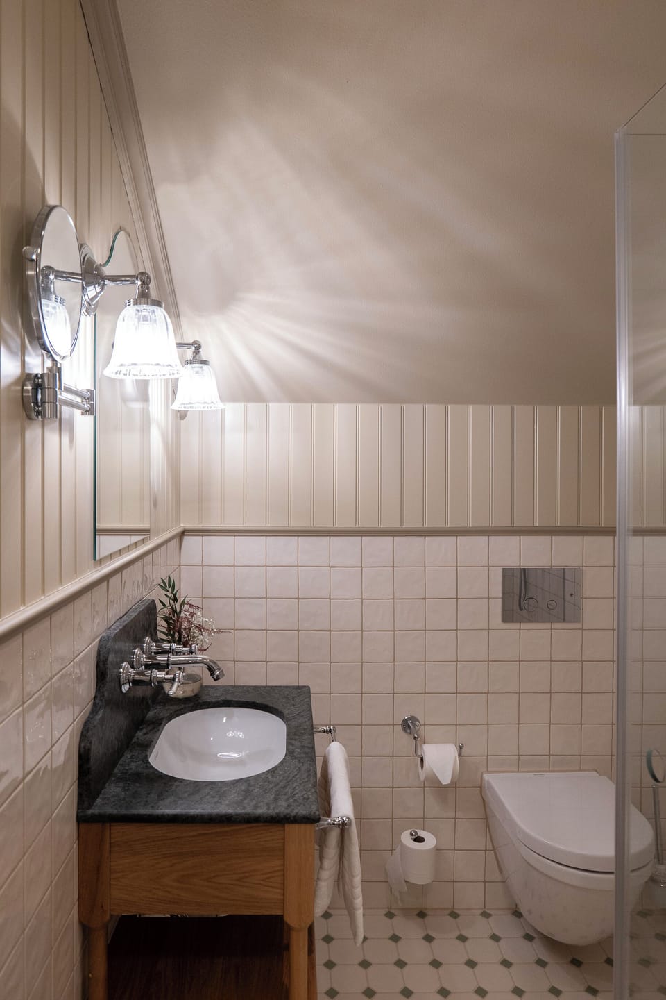 Shower, slippers, towels