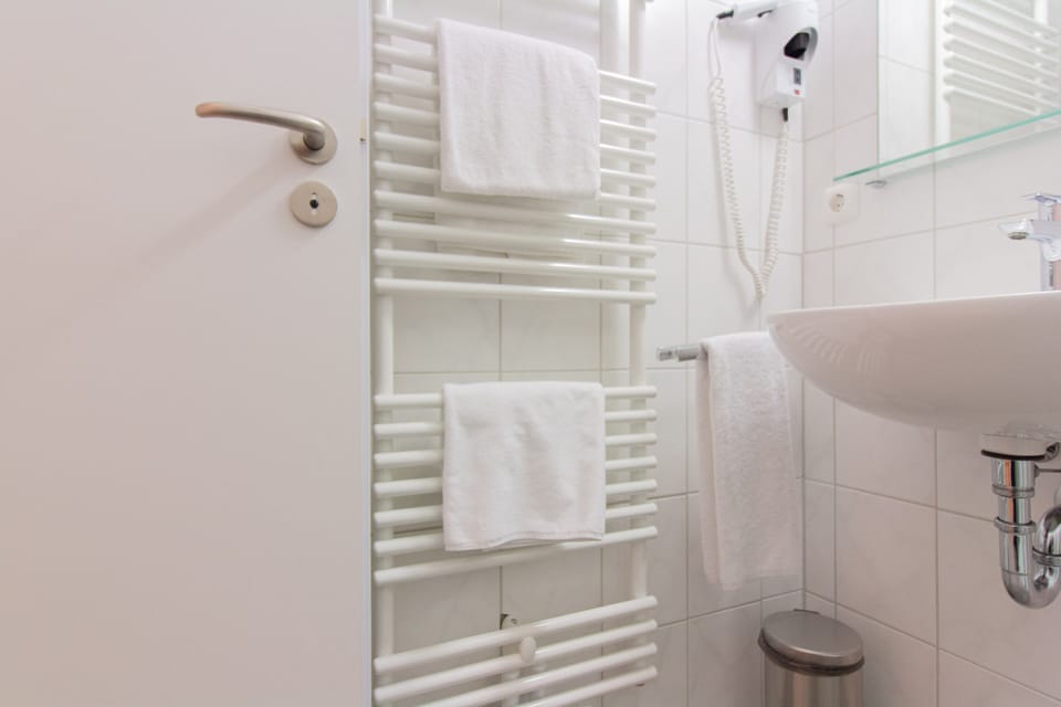 Shower, free toiletries, hair dryer, towels